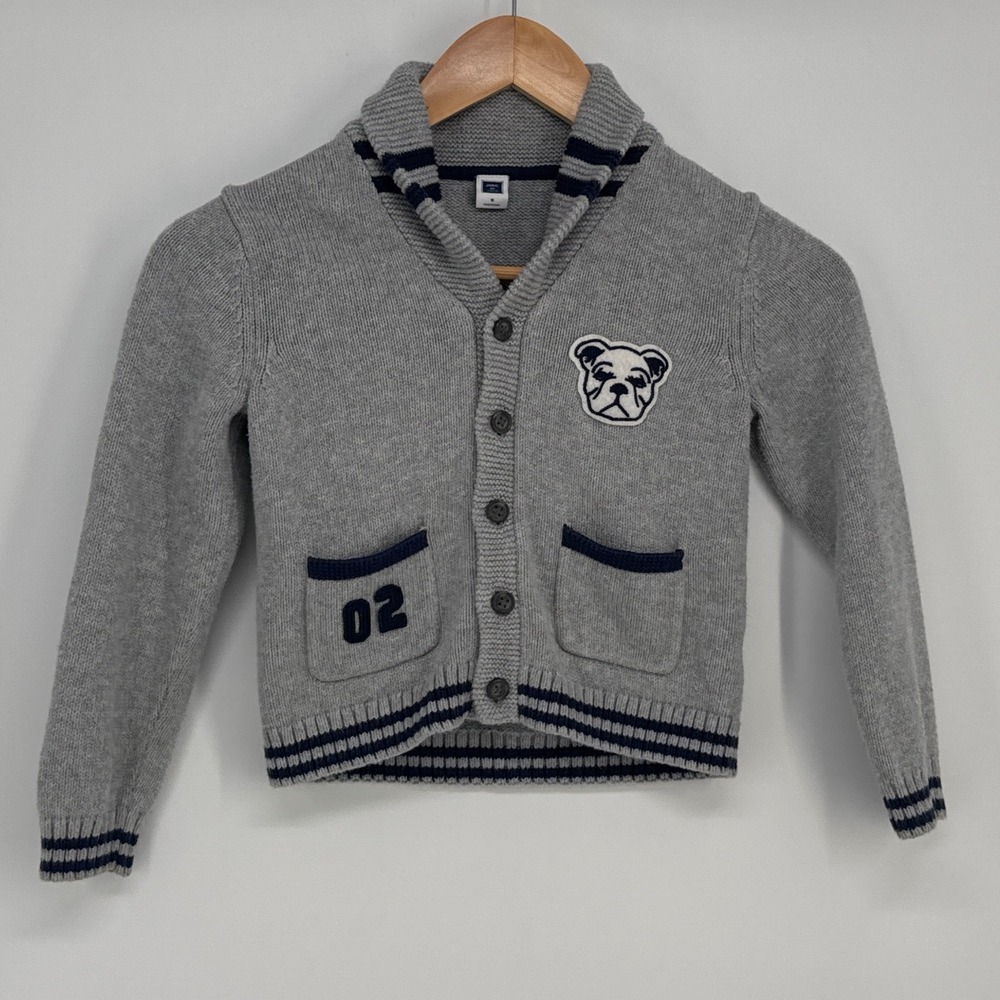 Janie and Jack Shawl Collar Varsity Cardigan Boy 5 Gray Bulldog Patch Cotton